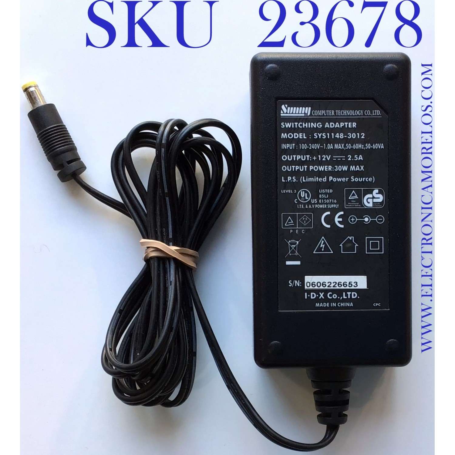 ADAPTADOR SUNNY VCA / NUMERO DE PARTE SYS1148-3012 / MODELO SYS1148-3012 / ENTRADA VCA 100-240V~50-60Hz 1A / SALIDA VCD 12V-2.5A 	
